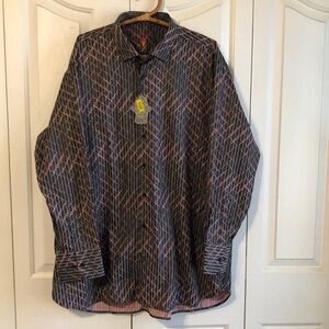New Visconti Black Diamond Striped Print Button Down Dress Shirt Size 2XLB